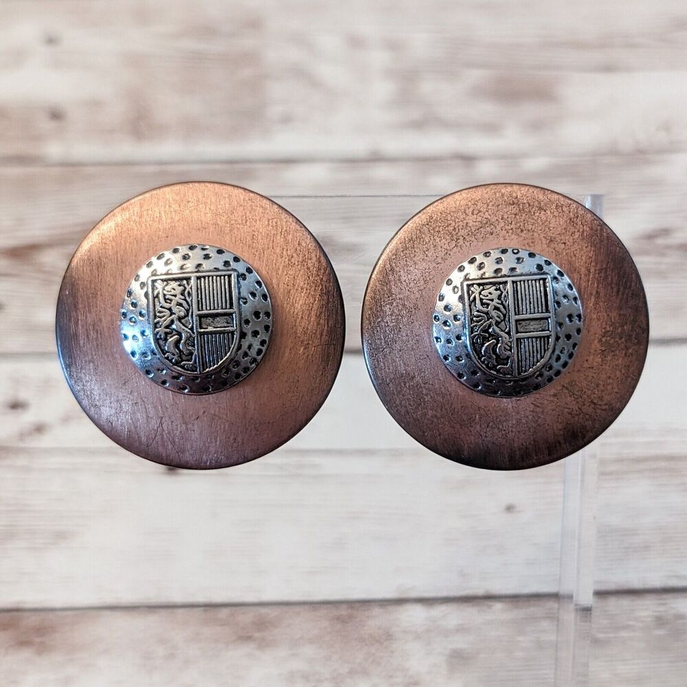 Vintage Clip On Earrings - 1.5" Large Copper Tone with Silver Tone Coat of Arms